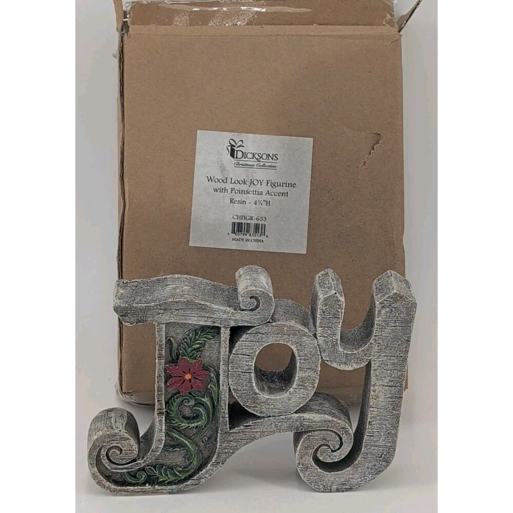 Dicksons 4 3/4" Resin Wood Look JOY Figurine W/Poinsettia Accent